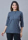 Navy Blue White Cotton Stripe Women Top-10284