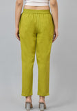 Olive Green Solid Cotton Flax Trouser Pants