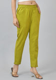 Olive Green Solid Cotton Flax Trouser Pants