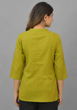 Women Mandarin Collar Roll-Up Sleeves Cotton Top