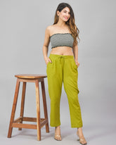 Olive Green Solid Cotton Flax Women Trouser