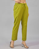 Olive Green Solid Cotton Flax Women Trouser