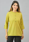 Olive Green Solid Cotton Flax Women Top-10391