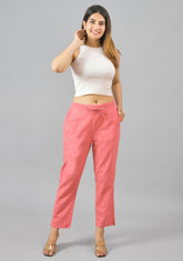 Peach Solid Cotton Flax Trouser Pants