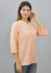 Peach Solid Cotton Flax Women Top-10625