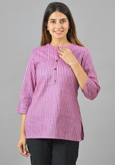 Pink Purple Cotton Stripe Women Top-10376