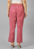 Pink Solid Cotton Flax Trouser Pants