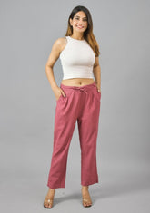 Pink Solid Cotton Flax Trouser Pants