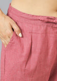 Pink Solid Cotton Flax Trouser Pants