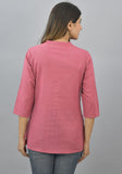 Pink Solid Cotton Flax Women Top-10627