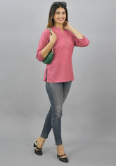 Pink Solid Cotton Flax Women Top-10627