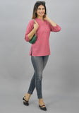 Pink Solid Cotton Flax Women Top-10627