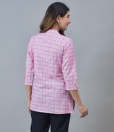 Pink White Cotton Checks Women Top-10287