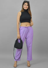 Purple Solid Cotton Flax Trouser Pants