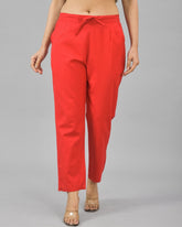 Red Solid Cotton Flax Women Trouser