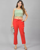 Red Solid Cotton Flax Women Trouser