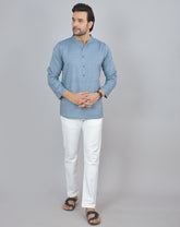 Blue Self Design Cotton Short Kurta