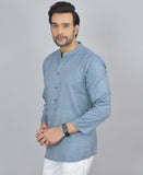 Blue Self Design Cotton Short Kurta