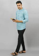 SKY BLUE BLACK STRIPE COTTON HANDLOOM CORD SET-25692