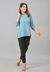 Sky Blue Solid Cotton Women Top-10370