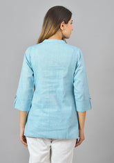 Women Mandarin Collar Roll-Up Sleeves Cotton Top