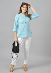 Sky Blue Solid Cotton Women Top-10381