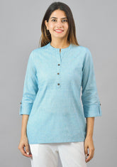 Women Mandarin Collar Roll-Up Sleeves Cotton Top