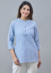 Sky Blue White Cotton Stripe Women Top-10279