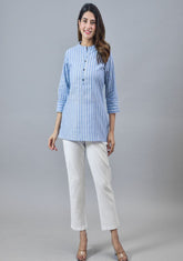 Sky Blue White Cotton Stripe Women Top-10279
