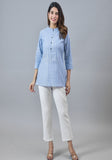 Sky Blue White Cotton Stripe Women Top-10279