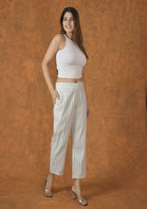 White Beige Cotton Stripe Regular Pant