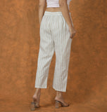 White Beige Cotton Stripe Regular Pant