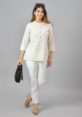 White Beige Cotton Stripe Women Top-10383