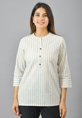White Blue and Yellow Cotton Stripe Women Top-10377