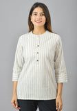White Blue and Yellow Cotton Stripe Women Top-10377