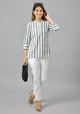 White Gray Cotton Stripe Women Top-10385