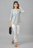 White Gray Cotton Stripe Women Top-10385