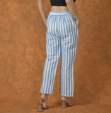 White Sky Blue Cotton Stripe Belt Pant