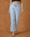 White Sky Blue Cotton Stripe Belt Pant