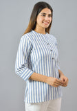 White Sky Blue Cotton Stripe Women Top-10384