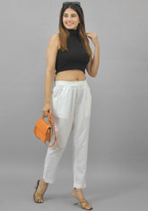 White Solid Cotton Flax Trouser Pants