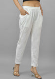 White Solid Cotton Flax Trouser Pants