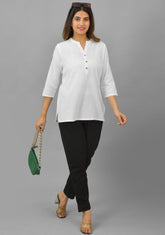 White Solid Cotton Flax Women Top-10393