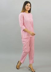 Women Co-Ords Baby Pink Cotton Checks Dress Top and Bottom-10332-A