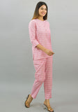 Women Co-Ords Baby Pink Cotton Checks Dress Top and Bottom-10332-A