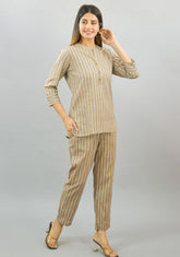 Women Co-Ords Beige Cotton Checks Dress Top and Bottom-10335