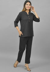 Women Co-Ords Black Cotton Flax Dress Top and Bottom-10717