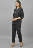 Women Co-Ords Black Cotton Flax Dress Top and Bottom-10717