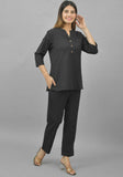 Women Co-Ords Black Cotton Flax Dress Top and Bottom-10717