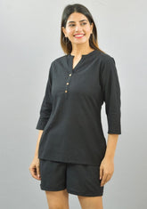 Women Co-Ords Black Cotton Flax Dress Top and Shorts-10327